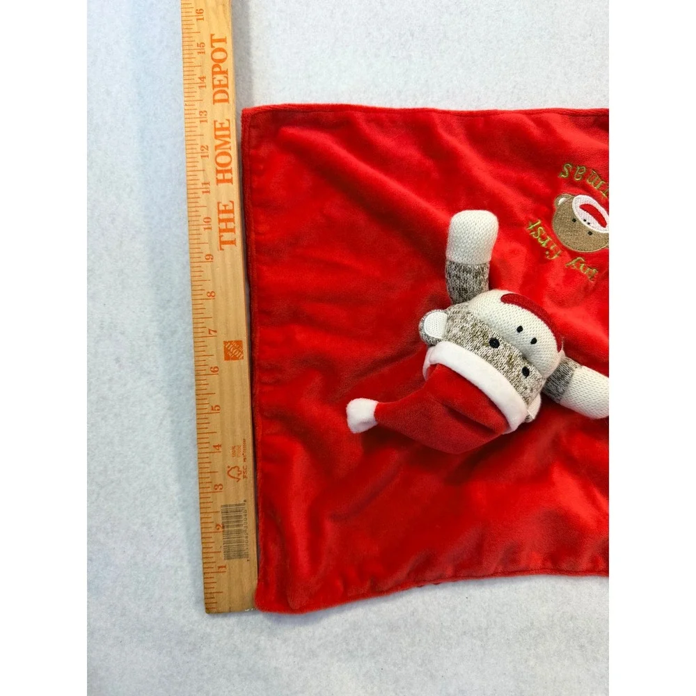 My First Christmas Sock Monkey Baby Security Blanket Red Plush Lovey Santa Hat